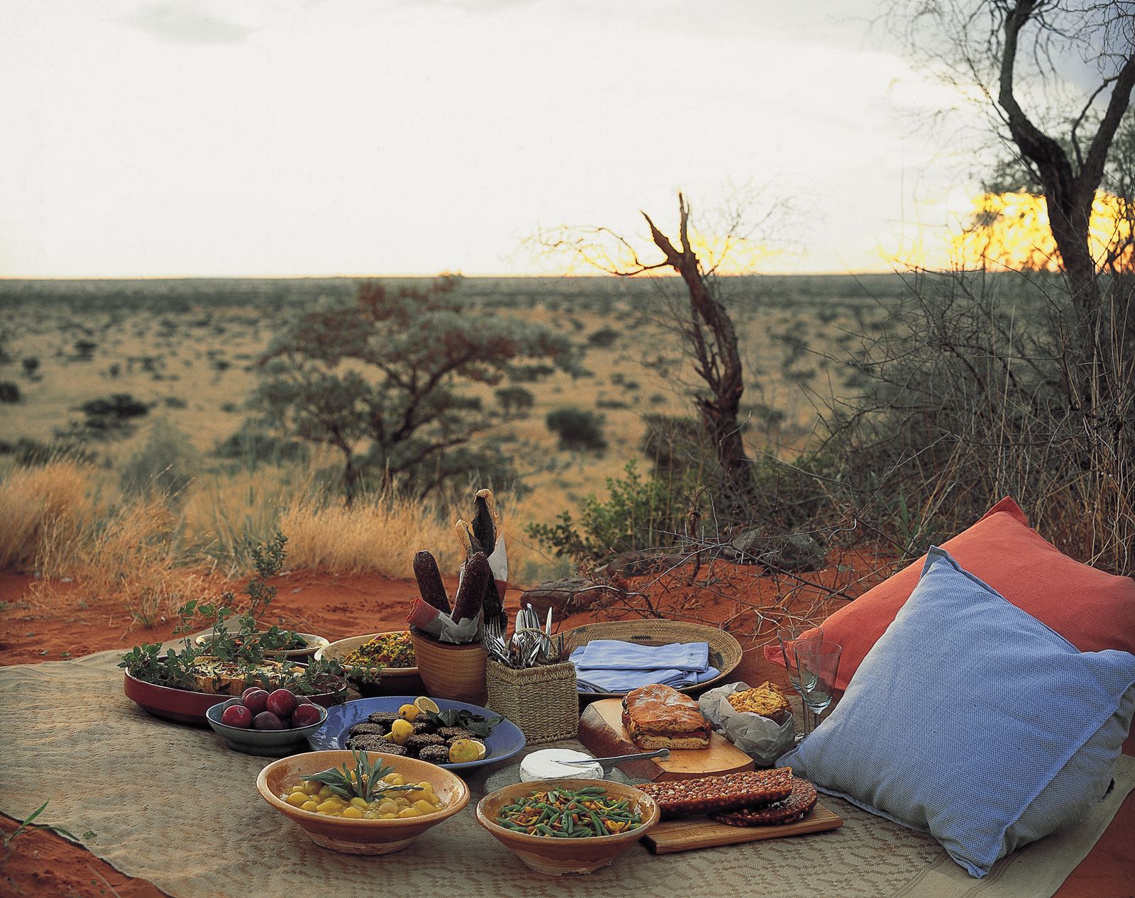 A bush picnic laid out in the dunes